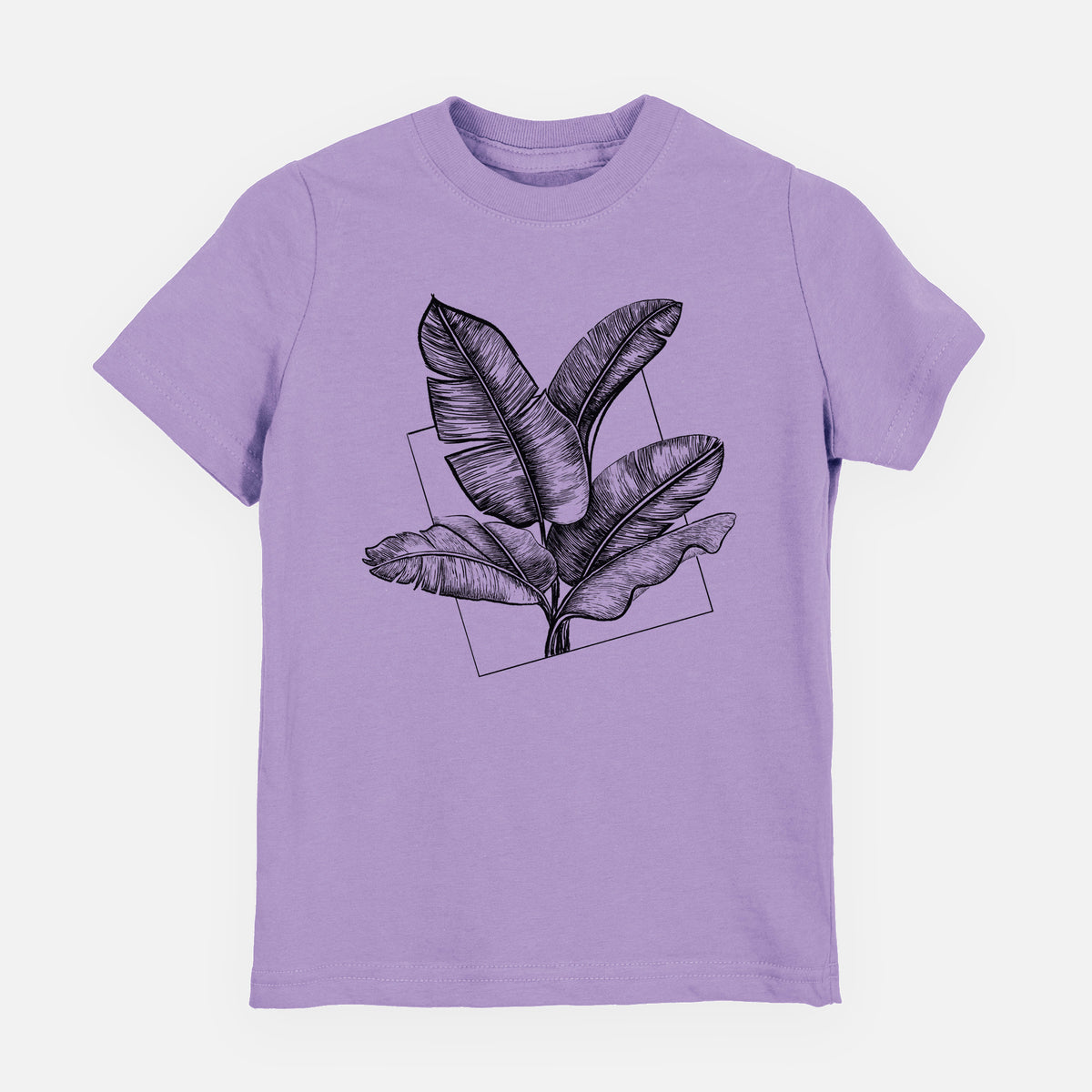 Lavender youth t-shirt laid flat, printed with a black ink illustration of banana leaves in front of a square outline.