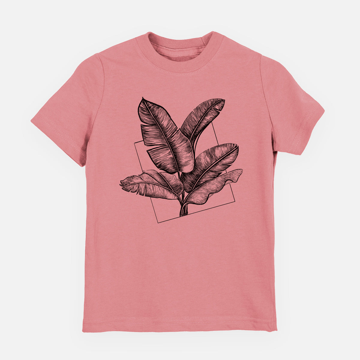 Mauve pink youth t-shirt laid flat, printed with a black ink illustration of banana leaves in front of a square outline.