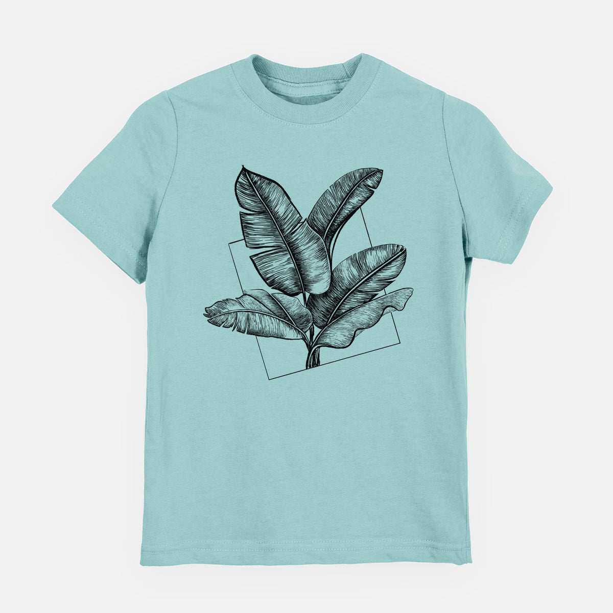 Saltwater youth t-shirt laid flat, printed with a black ink illustration of banana leaves in front of a square outline.