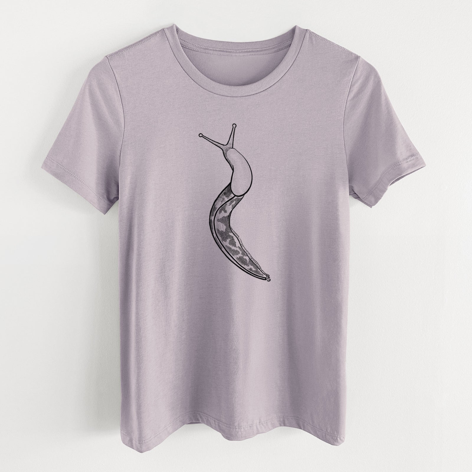 Light violet women's relaxed fit cotton t-shirt laid flat, printed with a detailed black ink illustration of a spotted banana slug with its eyestalks raised.