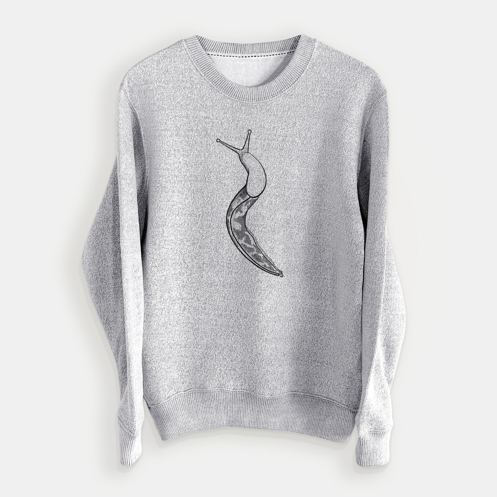 Salt and pepper knit sweatshirt laid flat, printed with a detailed black ink illustration of a spotted banana slug with its eyestalks raised.