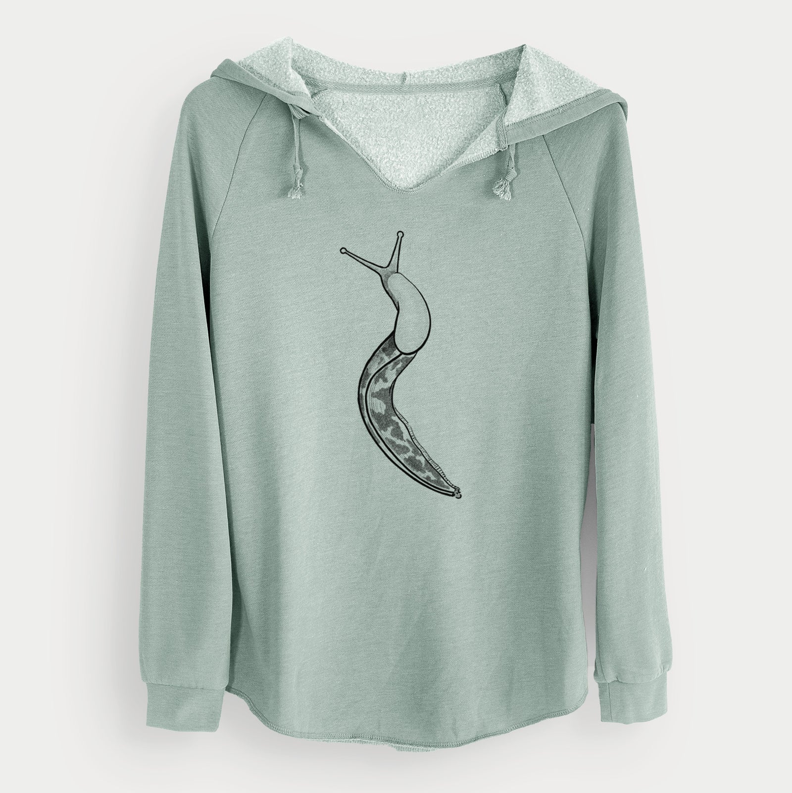 Sage green women's Cali Wave hooded sweatshirt laid flat, printed with a detailed black ink illustration of a spotted banana slug with its eyestalks raised.