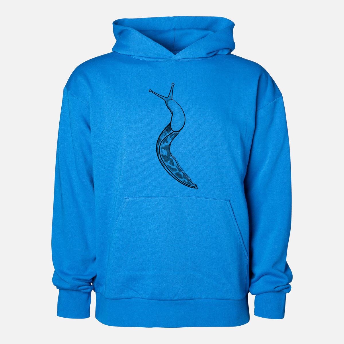 Pacific Banana Slug - Ariolimax columbianus - Statement Midweight Hoodie in Azure Blue, shown from the front with the design printed on the chest above a front kangaroo pocket.