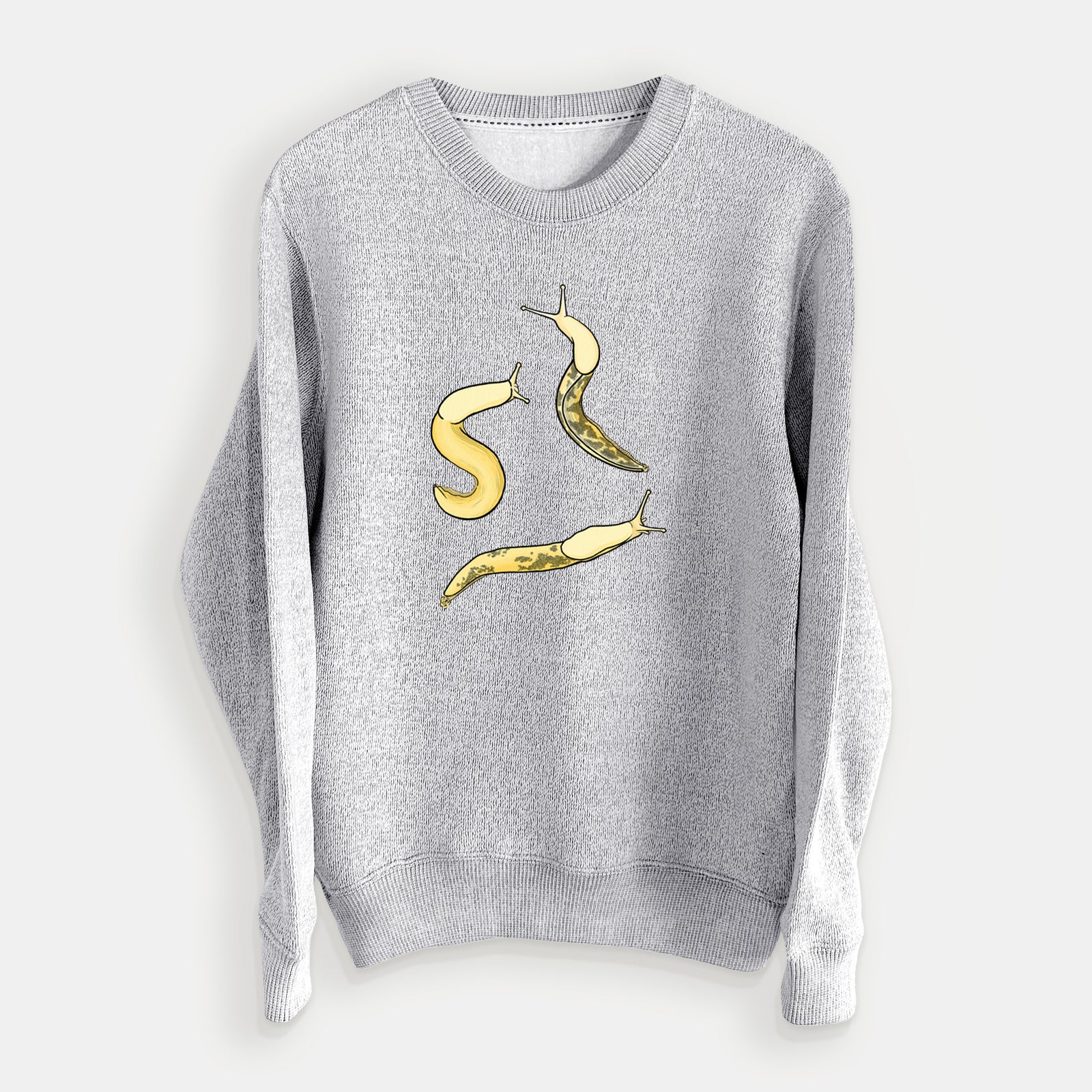Salt and pepper knit sweatshirt laid flat, printed with a full-color illustration of three yellow banana slugs.