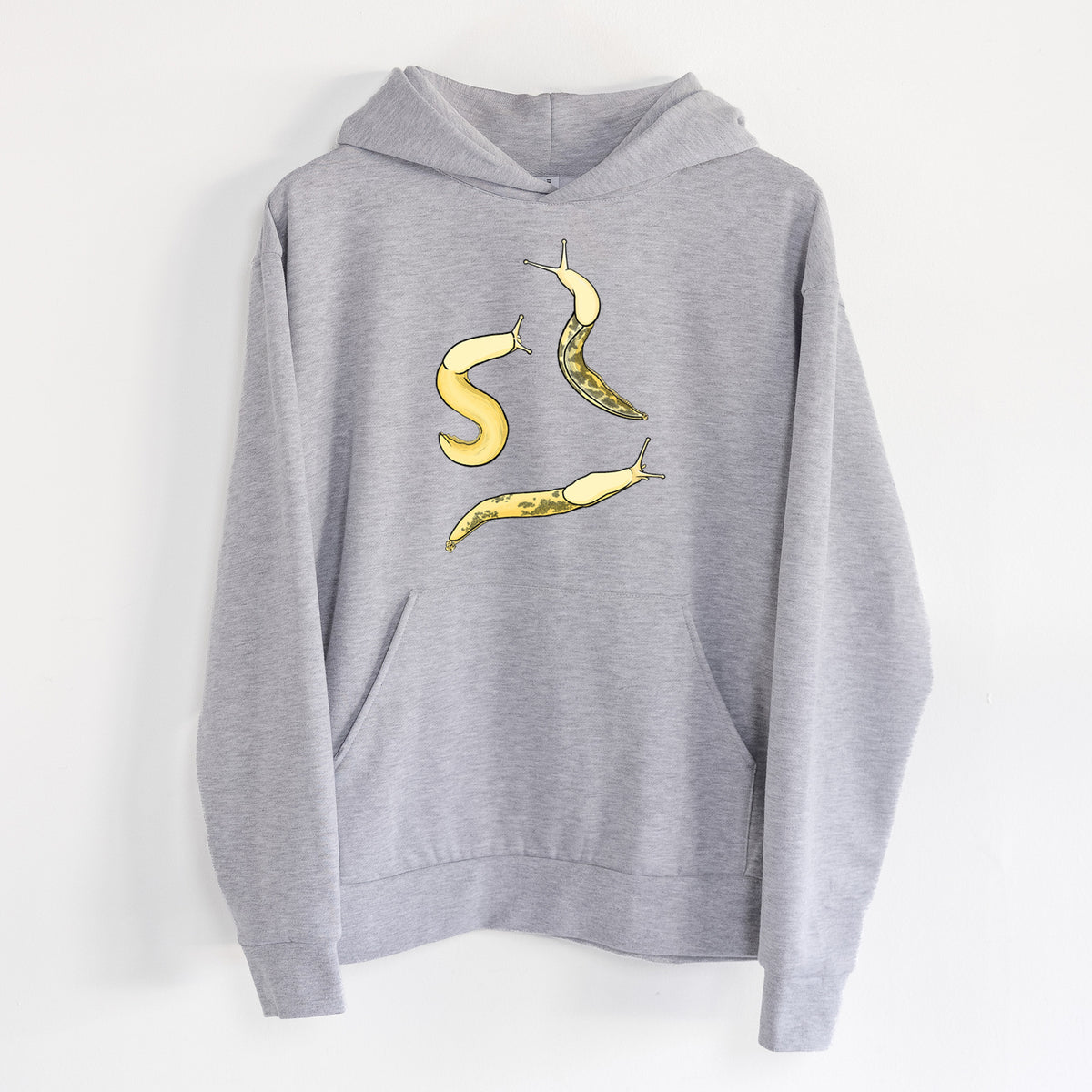 Banana Slug Squad - Ariolimax columbianus - Statement Midweight Hoodie in Heather Grey, hanging on a white wall, with a front kangaroo pocket and no drawcords.
