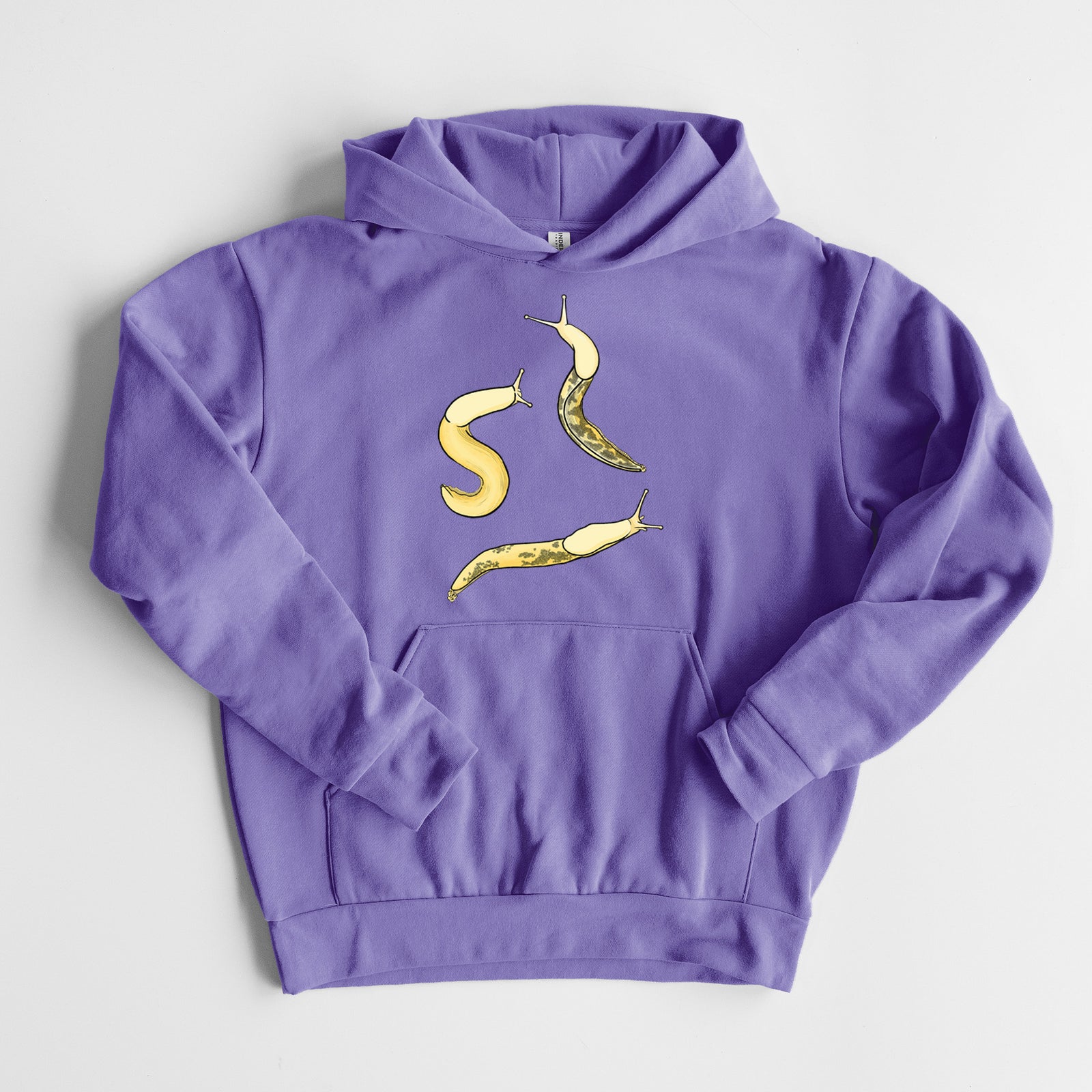 Banana Slug Squad - Ariolimax columbianus - Statement Midweight Hoodie in Violet, laid flat, showing the oversized boxy fit and front kangaroo pocket.