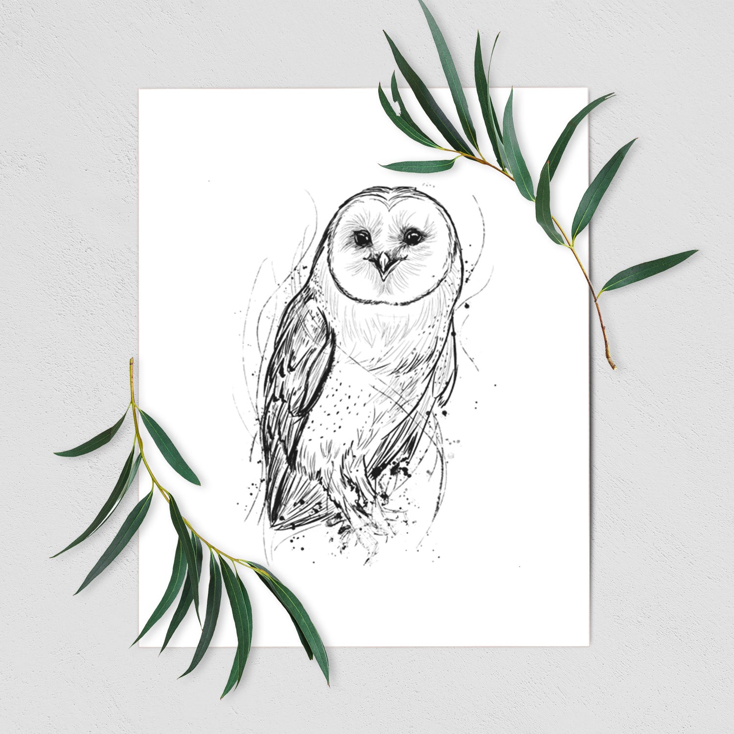 Art print of a detailed black ink illustration of a barn owl standing and facing forward, shown with eucalyptus leaves.