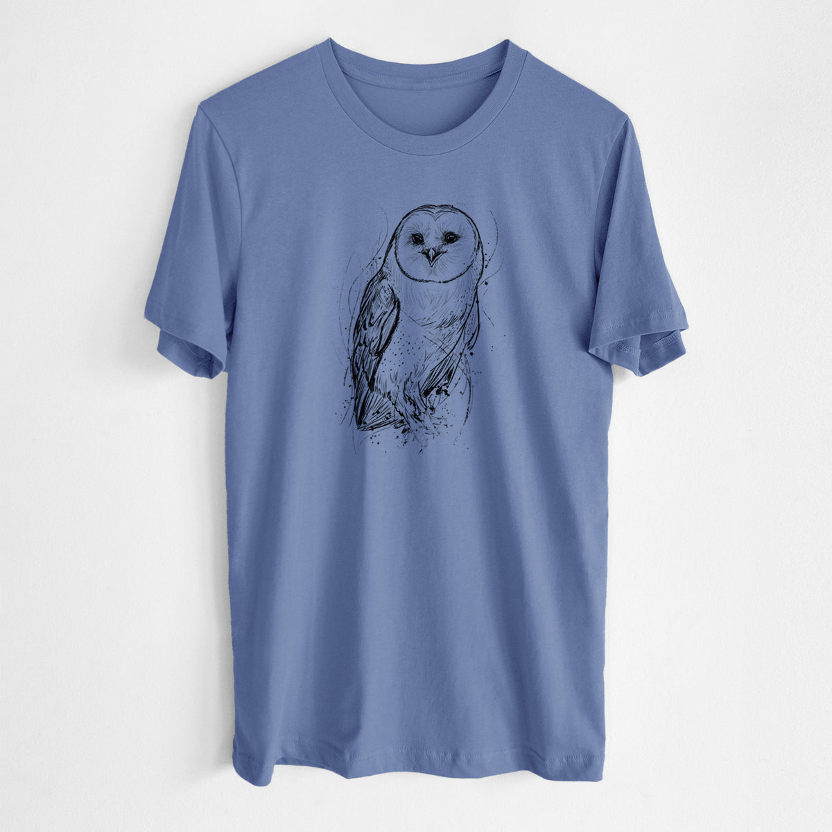 Blue bell lightweight cotton t-shirt laid flat, printed with a detailed black ink illustration of a barn owl standing and facing forward.