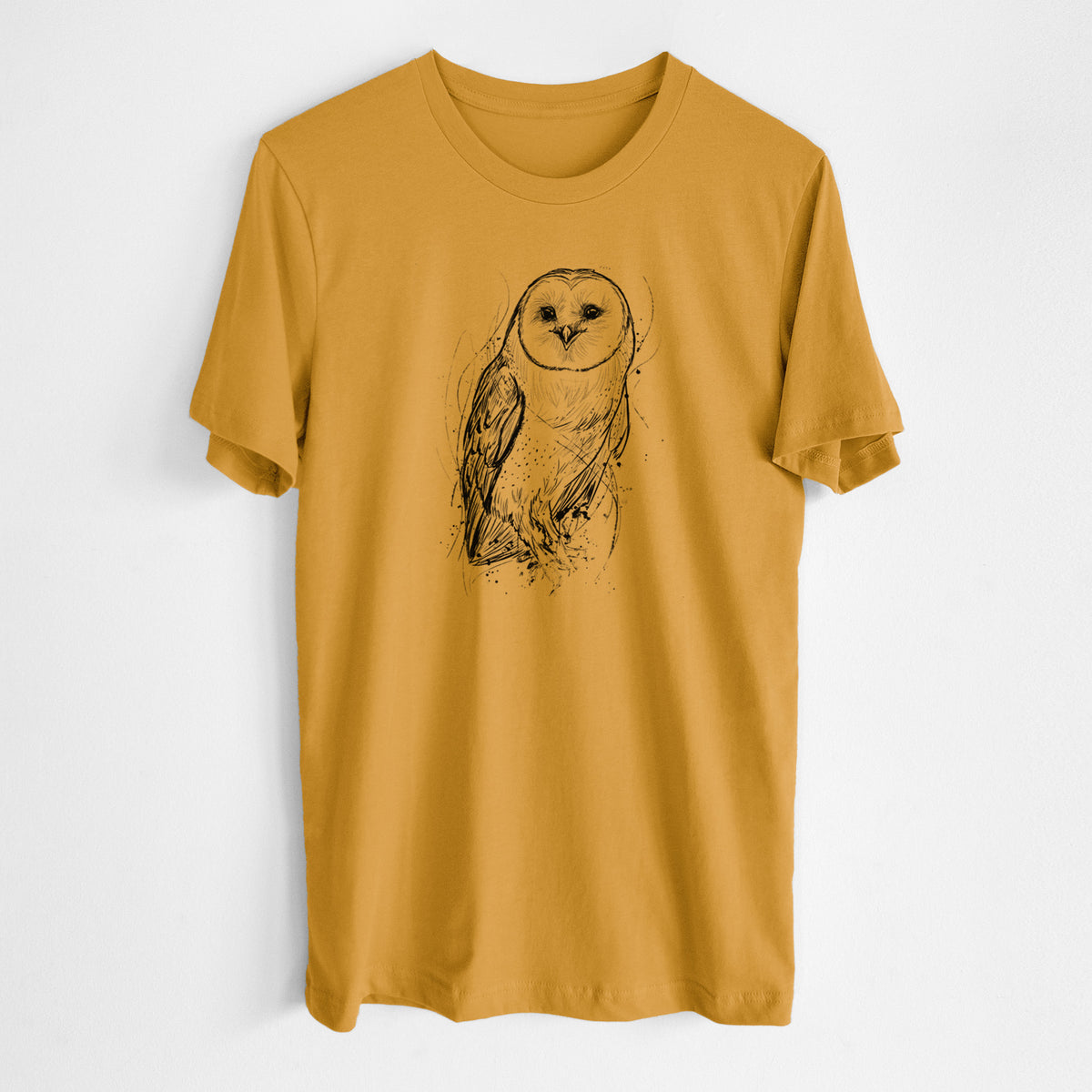 Honeycomb yellow lightweight cotton t-shirt laid flat, printed with a detailed black ink illustration of a barn owl standing and facing forward.