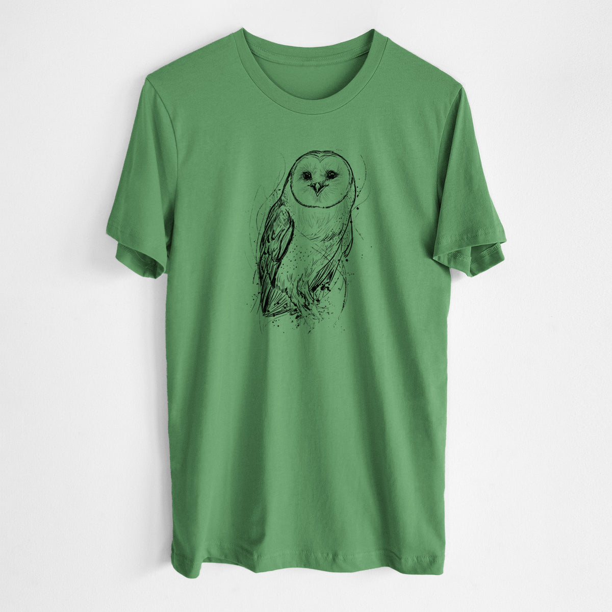 Leaf green lightweight cotton t-shirt laid flat, printed with a detailed black ink illustration of a barn owl standing and facing forward.