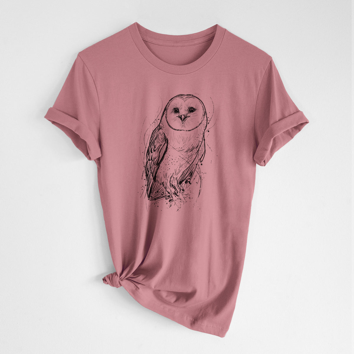 Mauve pink lightweight cotton t-shirt laid flat with the sleeves rolled, printed with a detailed black ink illustration of a barn owl standing and facing forward.