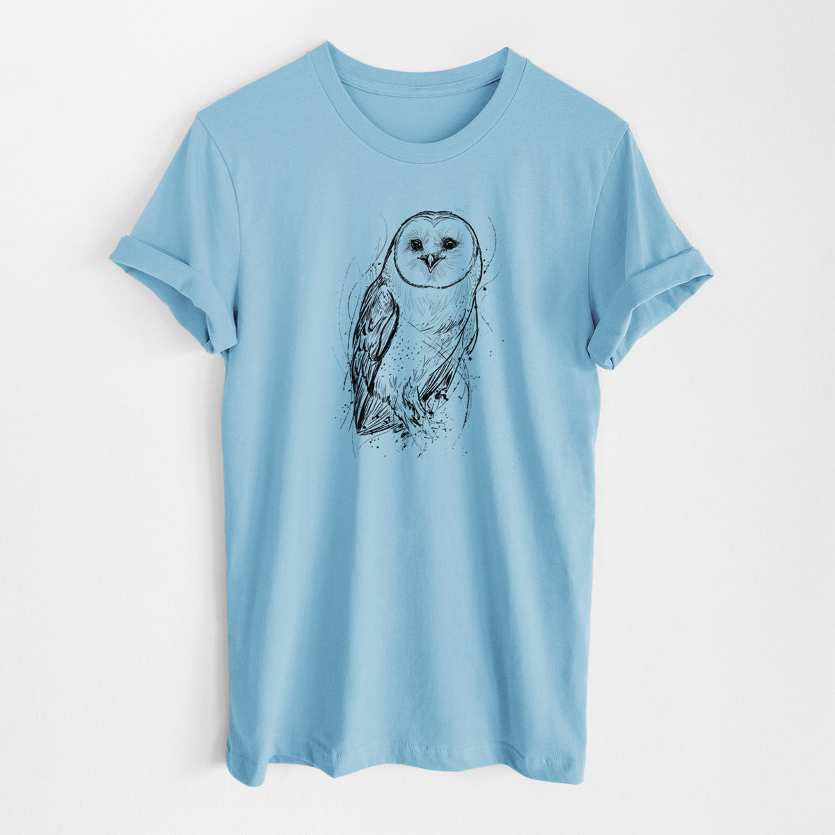 Ocean blue lightweight cotton t-shirt laid flat, printed with a detailed black ink illustration of a barn owl standing and facing forward.