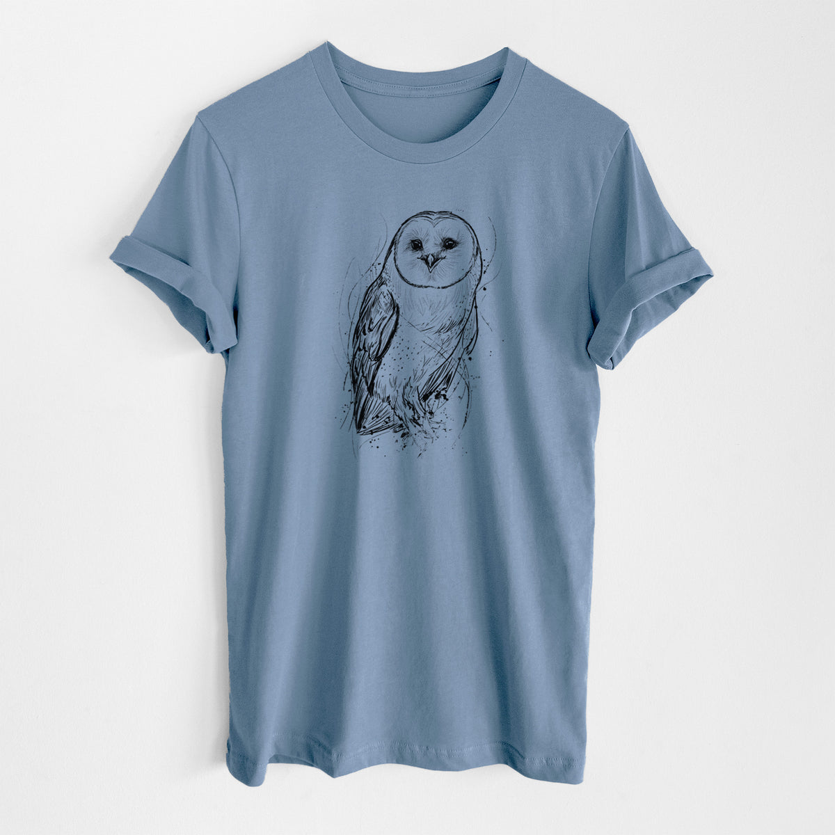 Steel blue lightweight cotton t-shirt laid flat, printed with a detailed black ink illustration of a barn owl standing and facing forward.