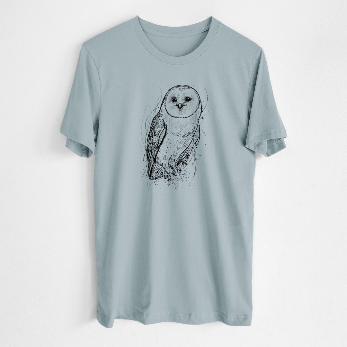 Vintage denim lightweight cotton t-shirt laid flat, printed with a detailed black ink illustration of a barn owl standing and facing forward.