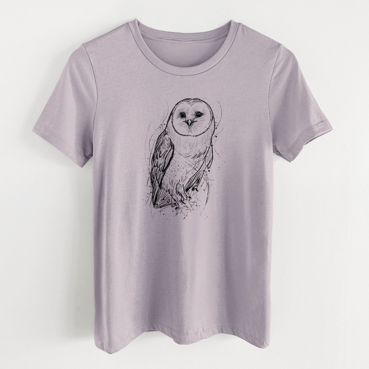Light violet women's relaxed fit cotton t-shirt laid flat, printed with a detailed black ink illustration of a barn owl standing and facing forward.
