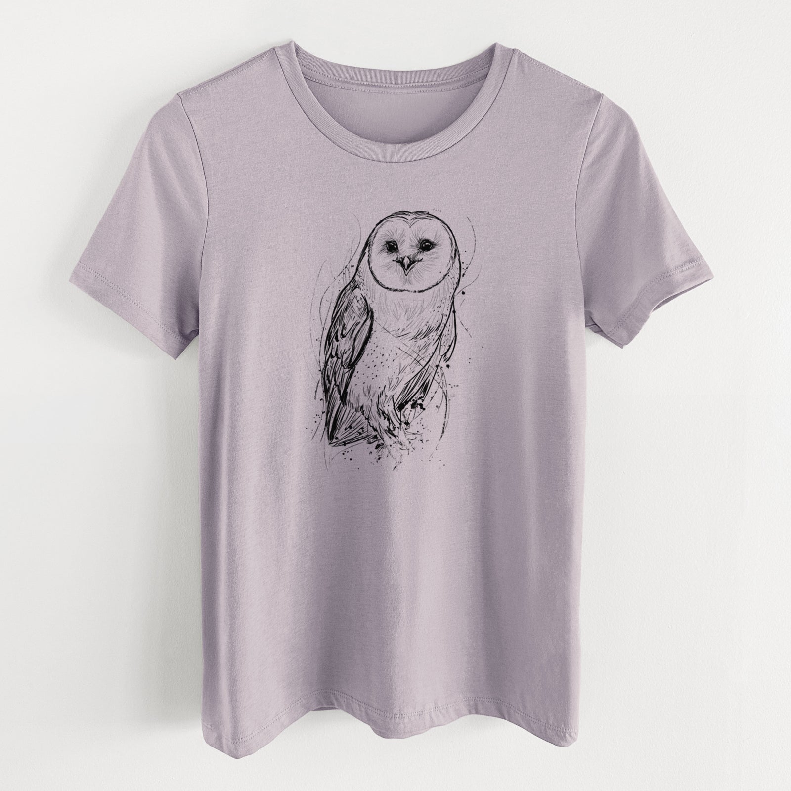 Light violet women's relaxed fit cotton t-shirt laid flat, printed with a detailed black ink illustration of a barn owl standing and facing forward.