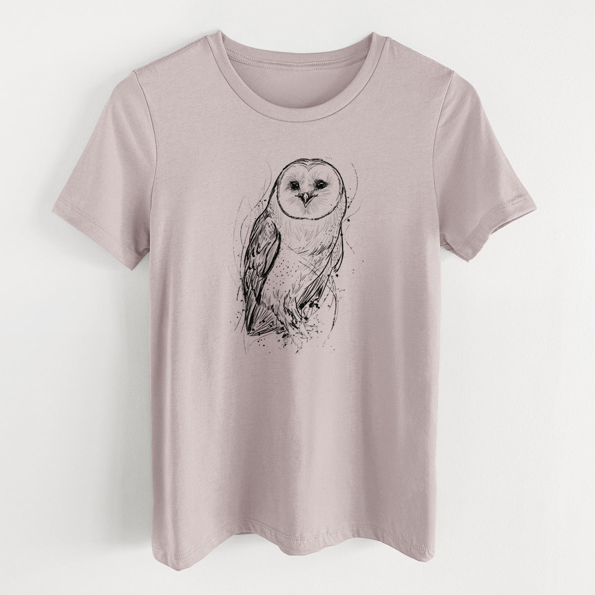 Pink gravel women's relaxed fit cotton t-shirt laid flat, printed with a detailed black ink illustration of a barn owl standing and facing forward.
