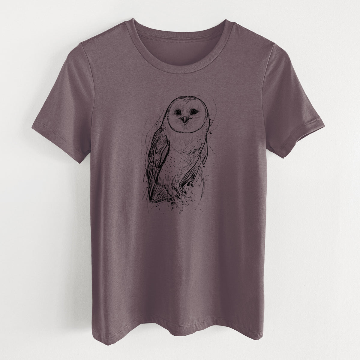 Purple storm women's relaxed fit cotton t-shirt laid flat, printed with a detailed black ink illustration of a barn owl standing and facing forward.