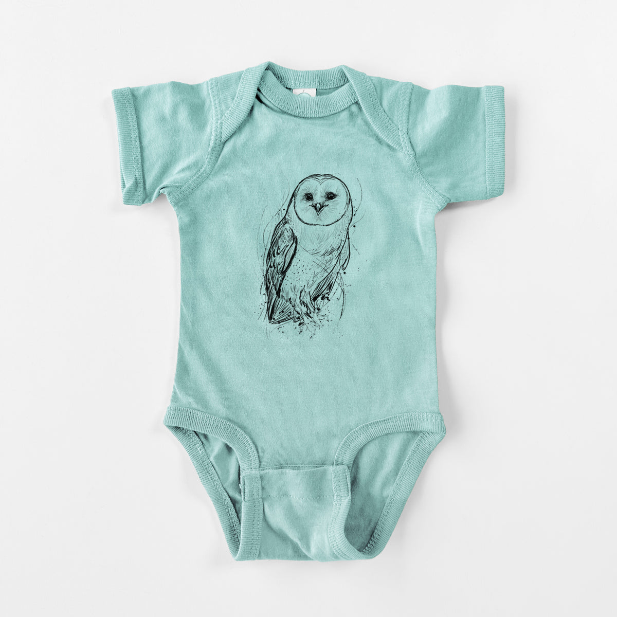 Saltwater baby bodysuit laid flat, printed with a detailed black ink illustration of a barn owl standing and facing forward.