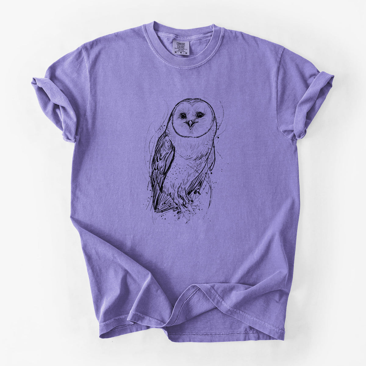 Violet purple Comfort Colors t-shirt laid flat, printed with a detailed black ink illustration of a barn owl standing and facing forward.
