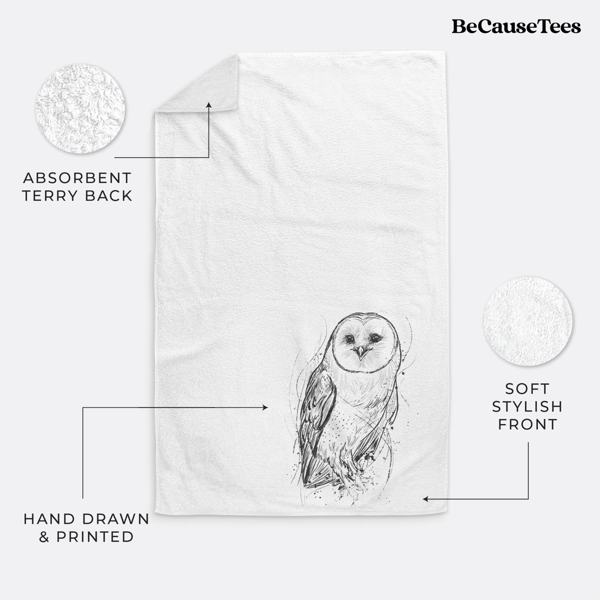 White hand towel printed with a detailed black ink illustration of a barn owl standing and facing forward.