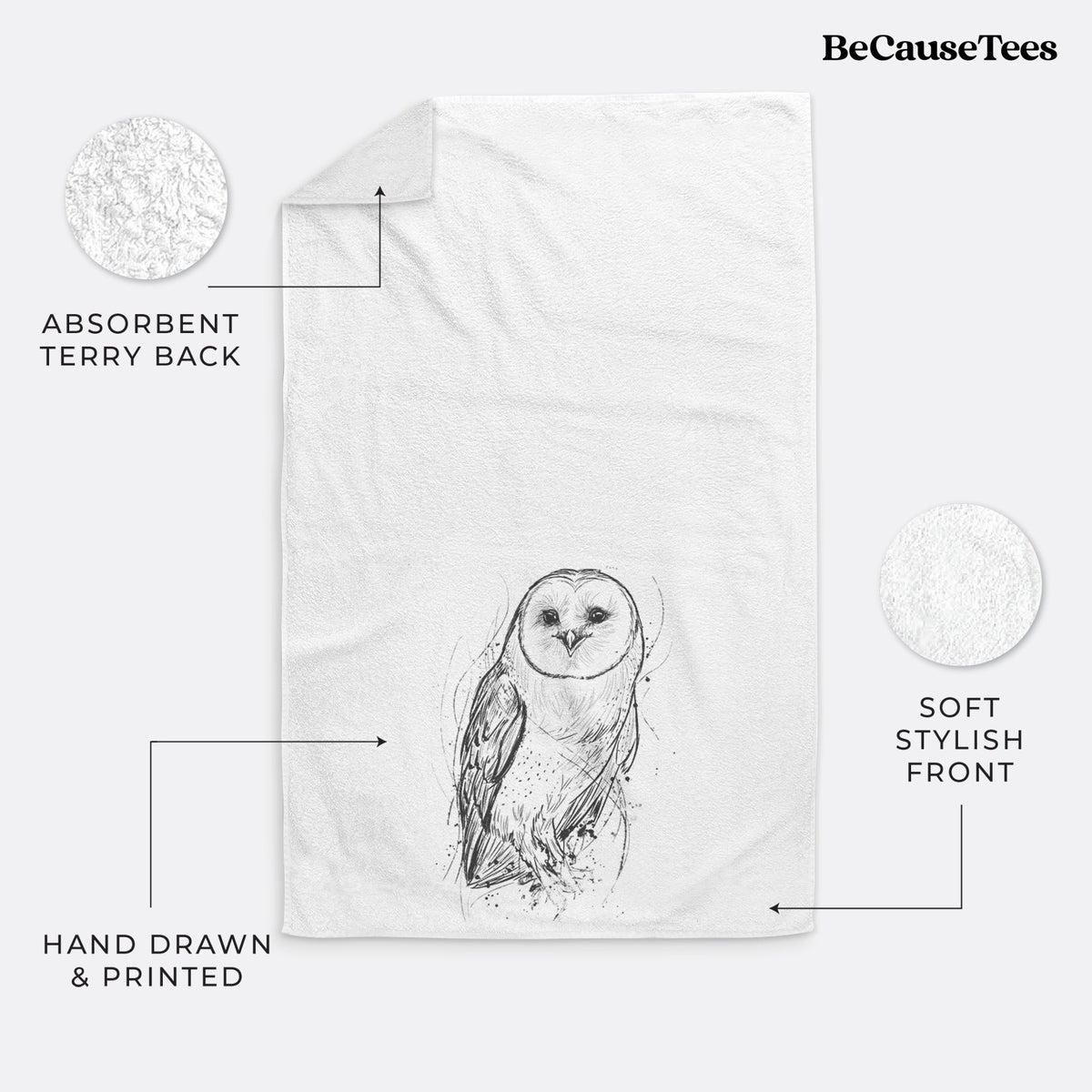 White hand towel printed with a detailed black ink illustration of a barn owl standing and facing forward.