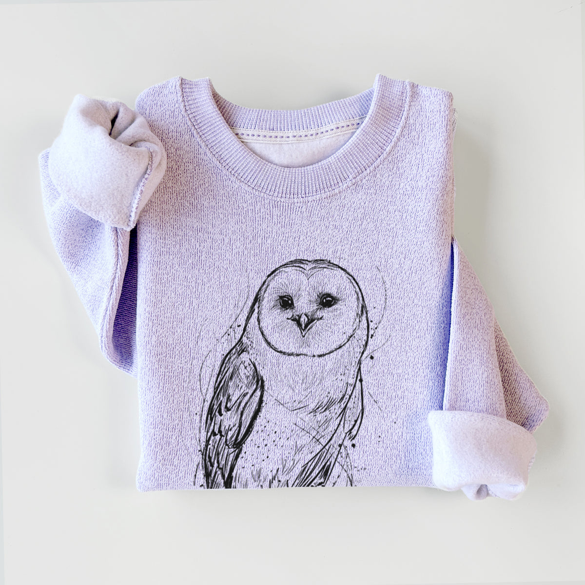 Ice purple knit sweatshirt printed with a detailed black ink illustration of a barn owl standing and facing forward, styled flat.