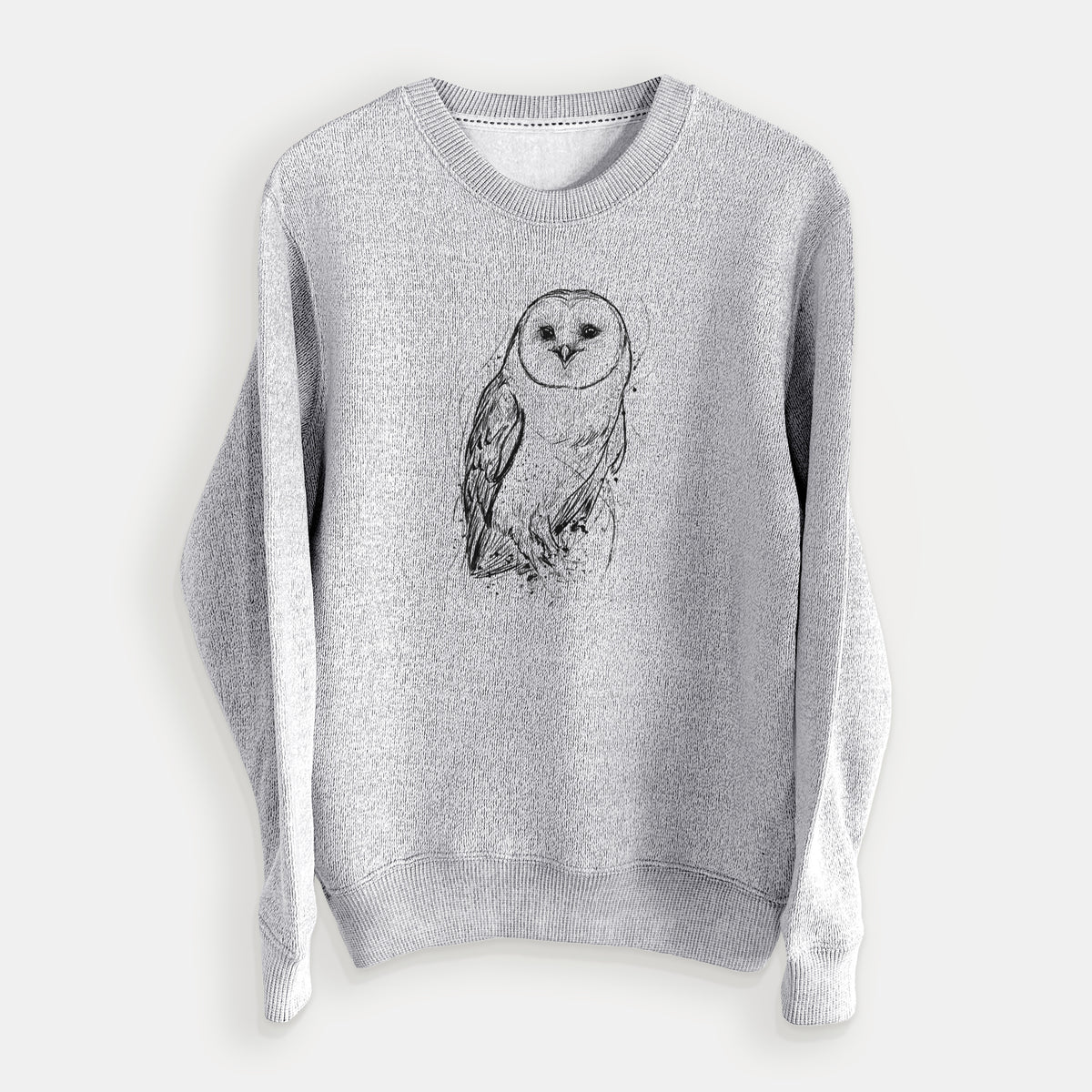Salt and pepper knit sweatshirt laid flat, printed with a detailed black ink illustration of a barn owl standing and facing forward.
