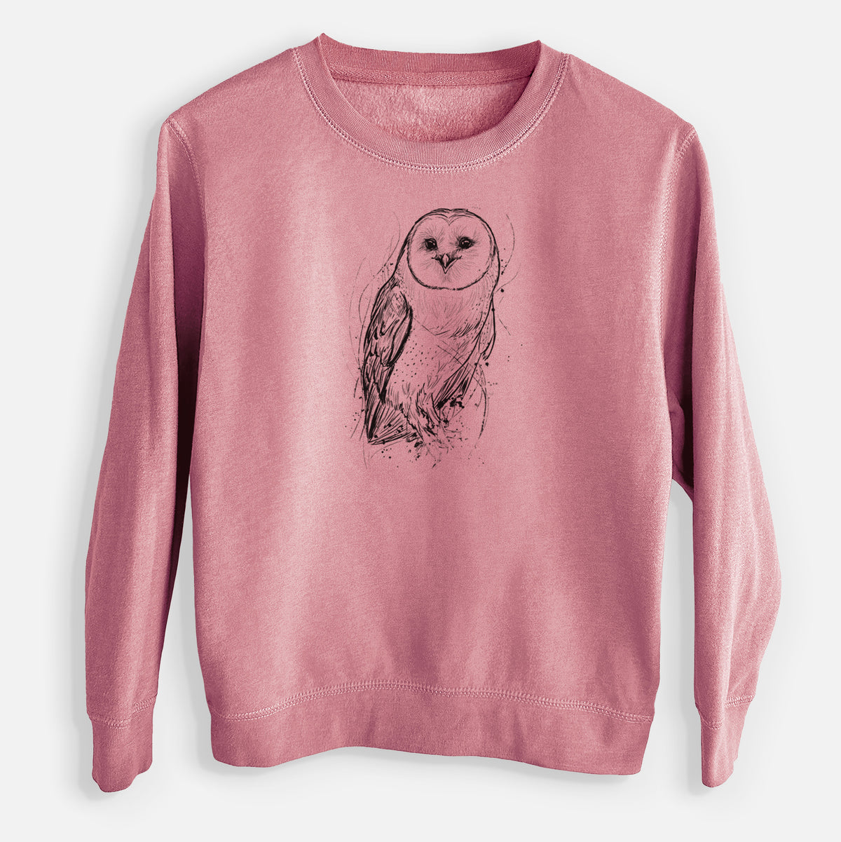 Mauve pink youth crewneck sweatshirt laid flat, printed with a detailed black ink illustration of a barn owl standing and facing forward.
