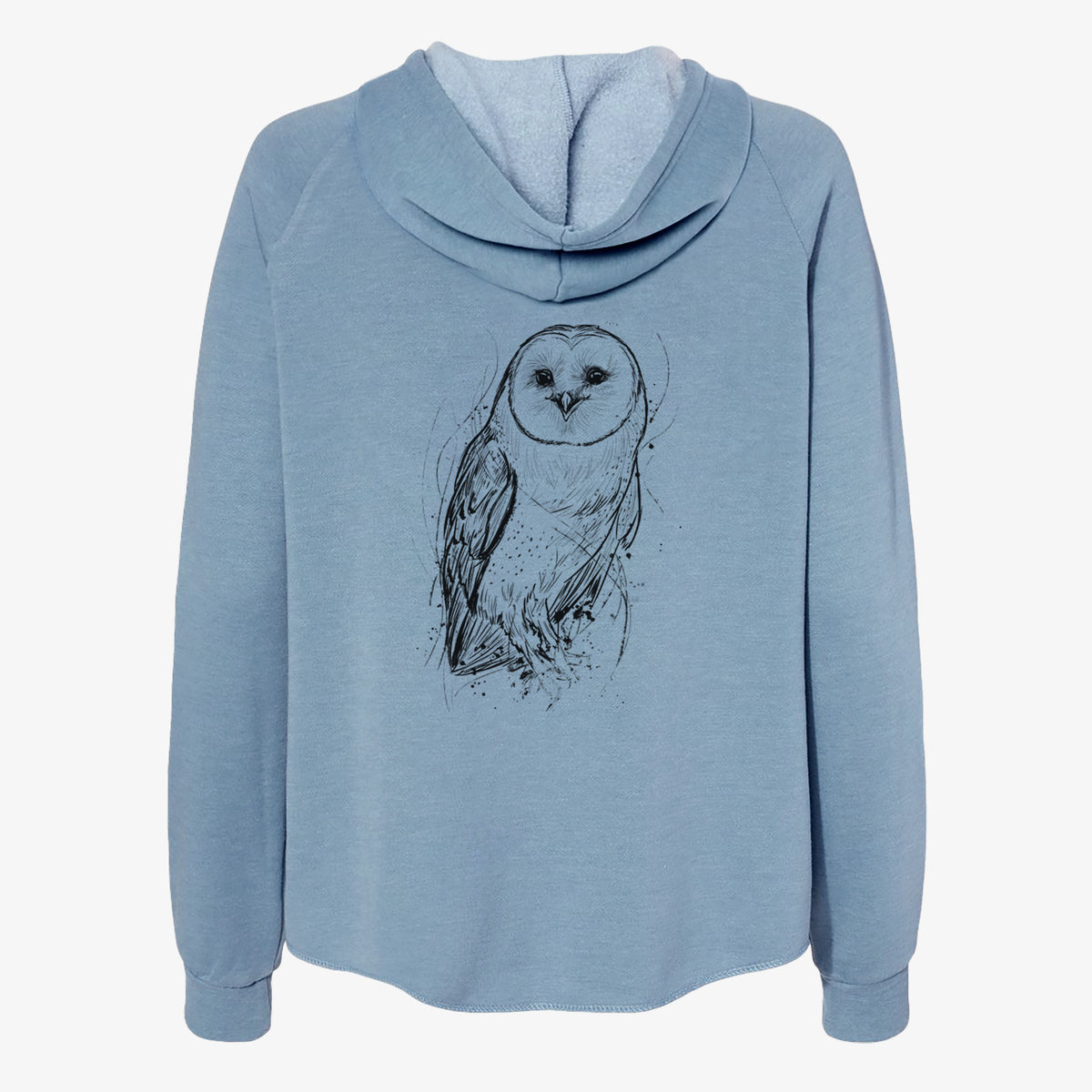 Misty blue women's Cali Wave zip-up sweatshirt laid flat, printed with a detailed black ink illustration of a barn owl standing and facing forward.