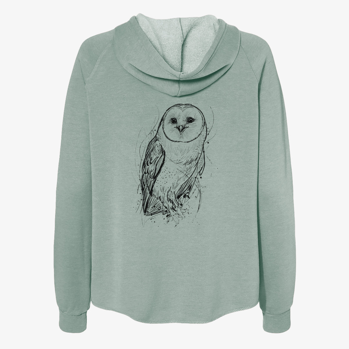 Sage green women's Cali Wave zip-up sweatshirt laid flat, printed with a detailed black ink illustration of a barn owl standing and facing forward.
