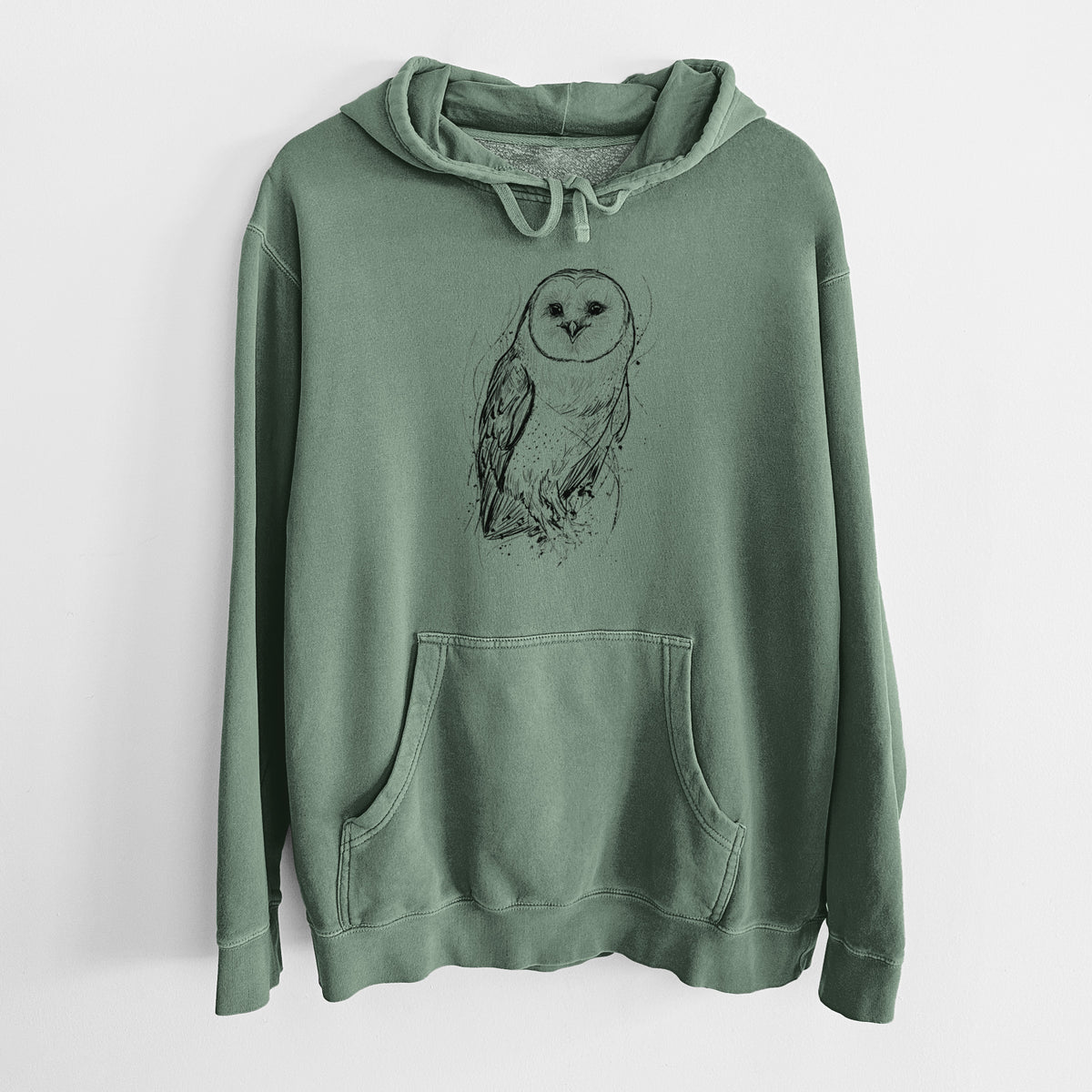 Alpine green pigment dyed hoodie laid flat, printed with a detailed black ink illustration of a barn owl standing and facing forward.