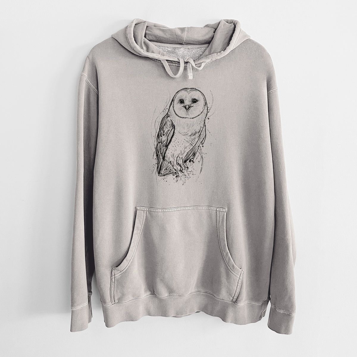 Cement grey pigment dyed hoodie laid flat, printed with a detailed black ink illustration of a barn owl standing and facing forward.