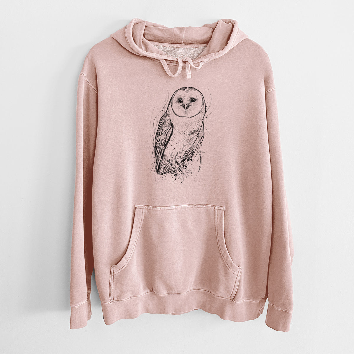 Dusty pink pigment dyed hoodie laid flat, printed with a detailed black ink illustration of a barn owl standing and facing forward.
