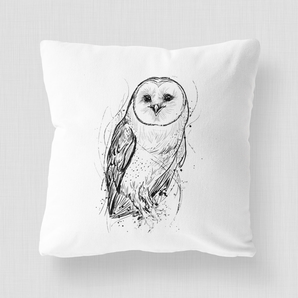 White pillow cover printed with a detailed black ink illustration of a barn owl standing and facing forward.