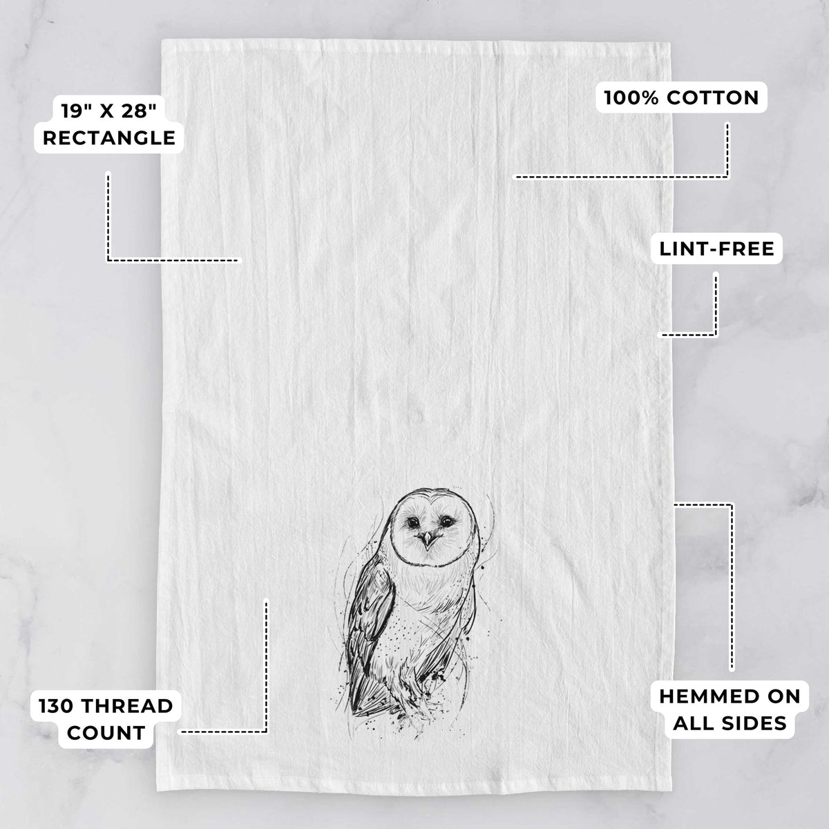 White tea towel printed with a detailed black ink illustration of a barn owl standing and facing forward, with feature labels: 19 by 28 inch rectangle, 100% cotton, lint-free, 130 thread count, hemmed on all sides.