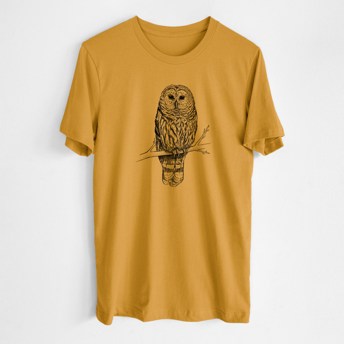 Honeycomb yellow lightweight cotton t-shirt laid flat, printed with a detailed black ink illustration of a barred owl perched on a branch.