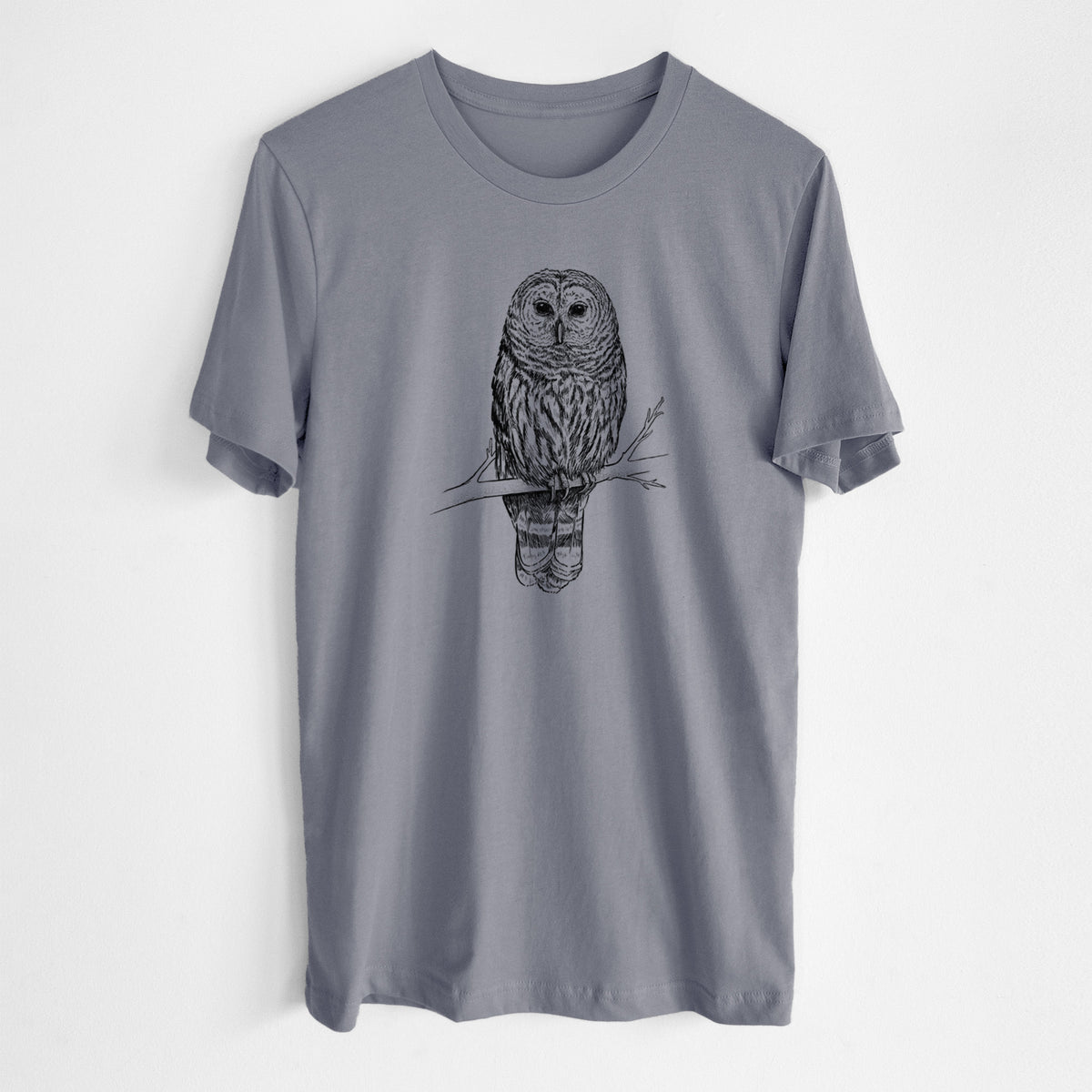 Storm grey lightweight cotton t-shirt laid flat, printed with a detailed black ink illustration of a barred owl perched on a branch.