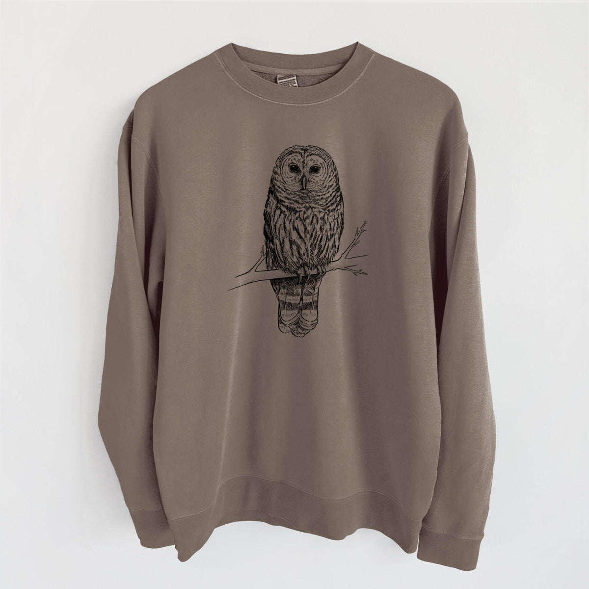 Barred Owl - Strix varia - Unisex Pigment Dyed Crew Sweatshirt in Espresso Brown Color