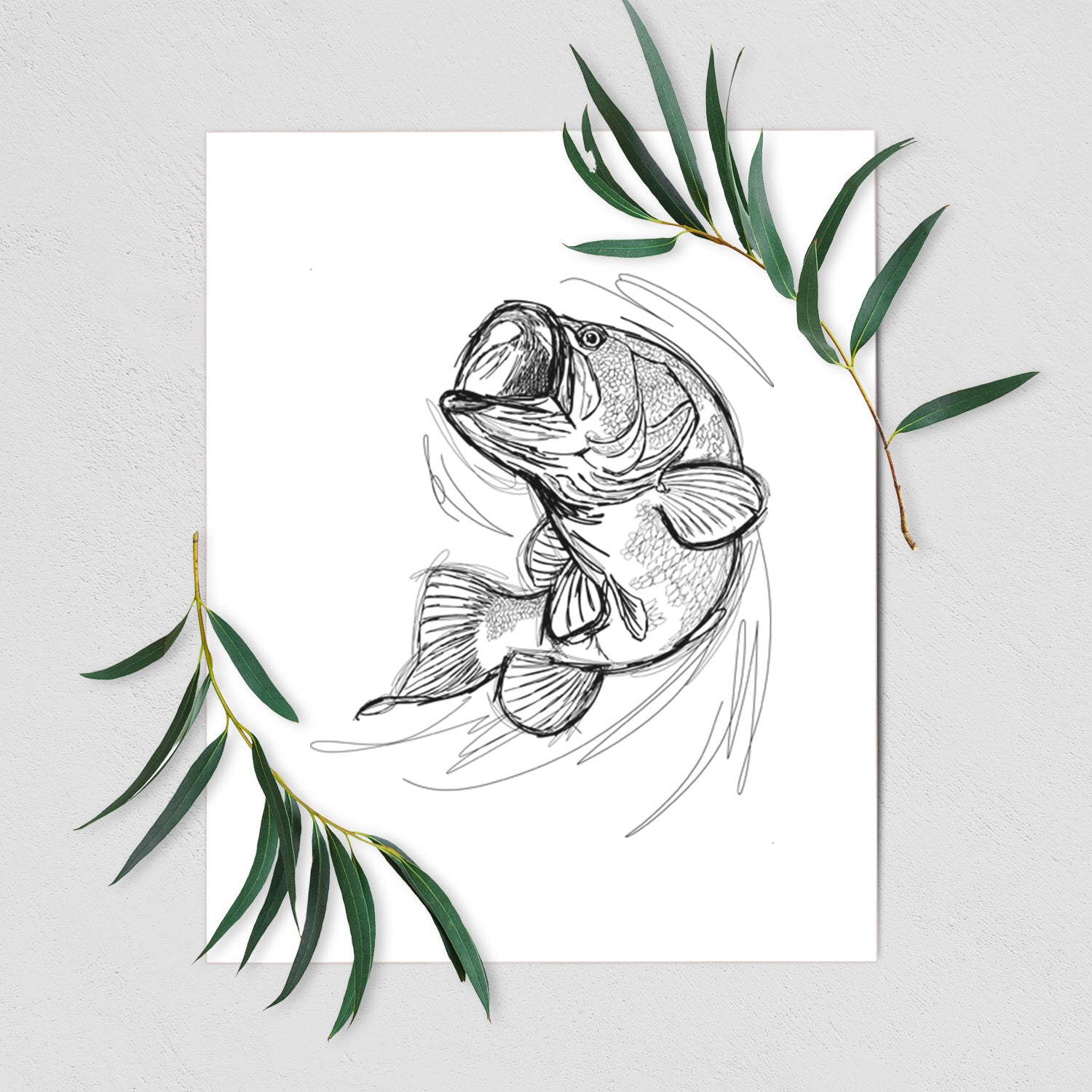 Art print of a detailed black ink illustration of a largemouth bass leaping with its mouth open, shown with eucalyptus leaves.