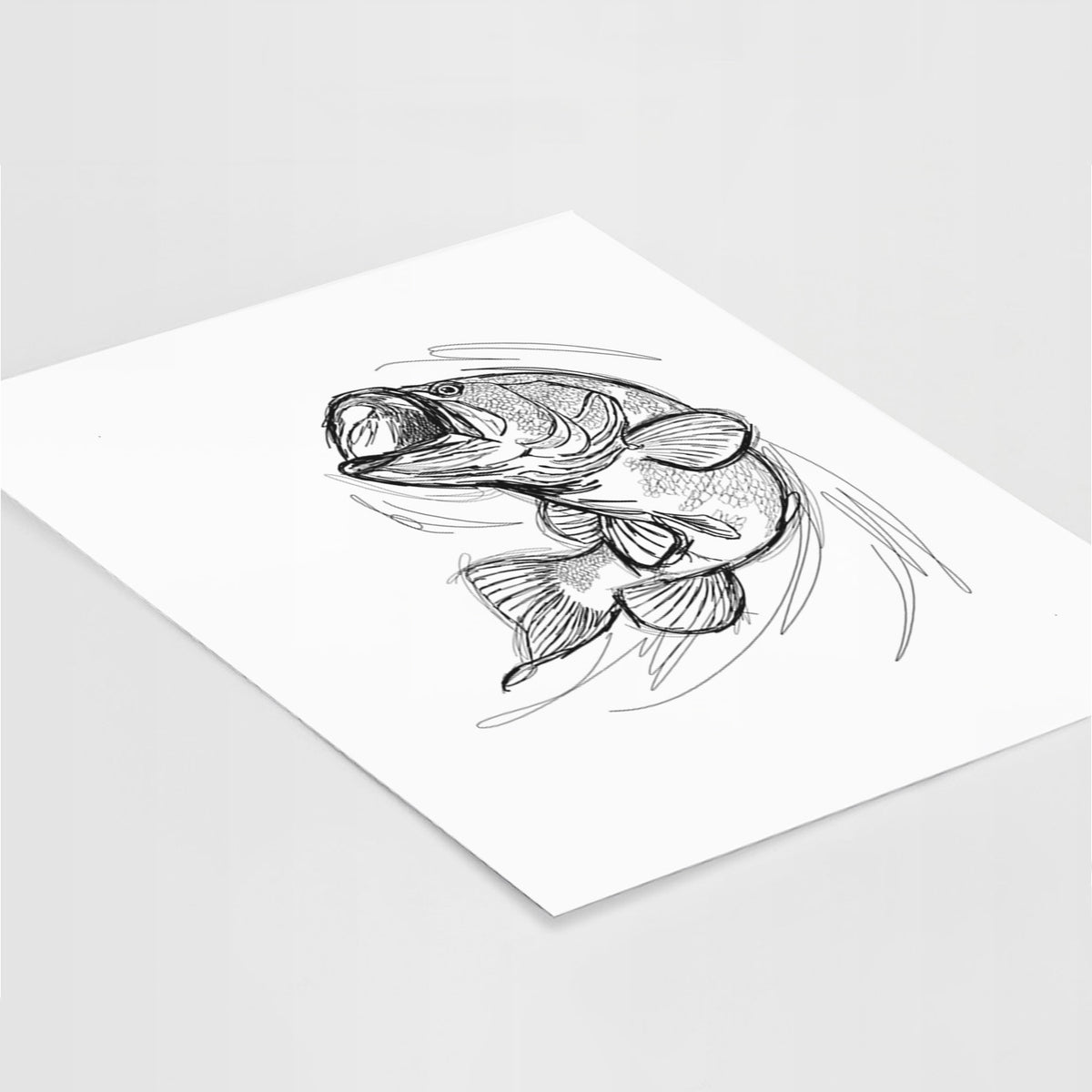 Art print of a detailed black ink illustration of a largemouth bass leaping with its mouth open, lying at an angle on a white surface.