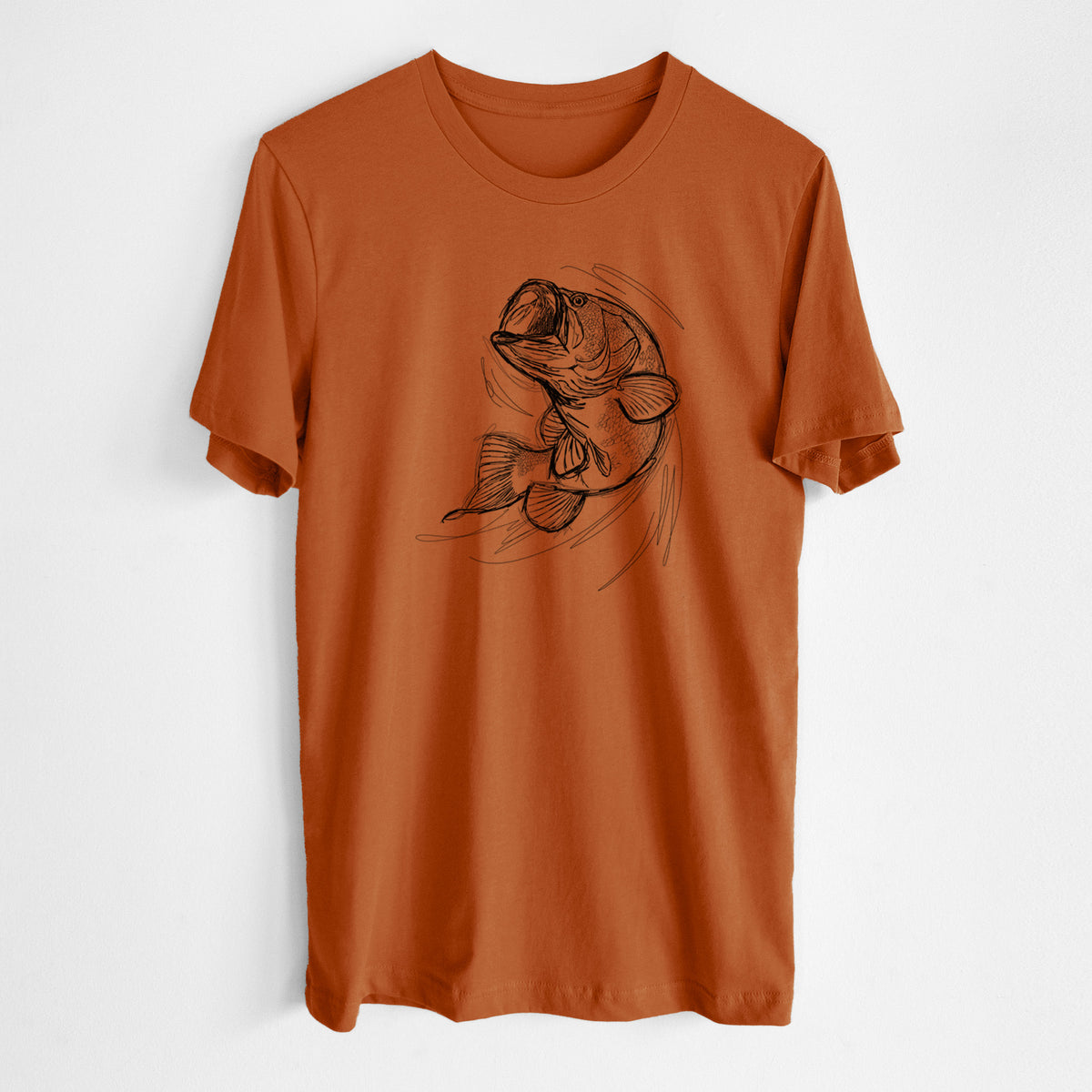Autumn lightweight cotton t-shirt laid flat, printed with a detailed black ink illustration of a largemouth bass leaping with its mouth open.