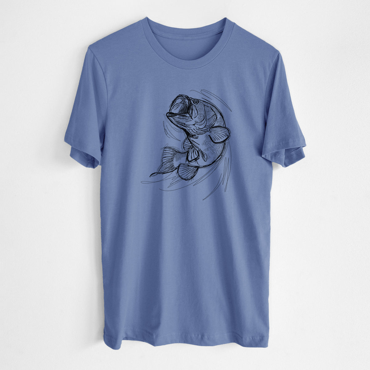 Blue bell lightweight cotton t-shirt laid flat, printed with a detailed black ink illustration of a largemouth bass leaping with its mouth open.