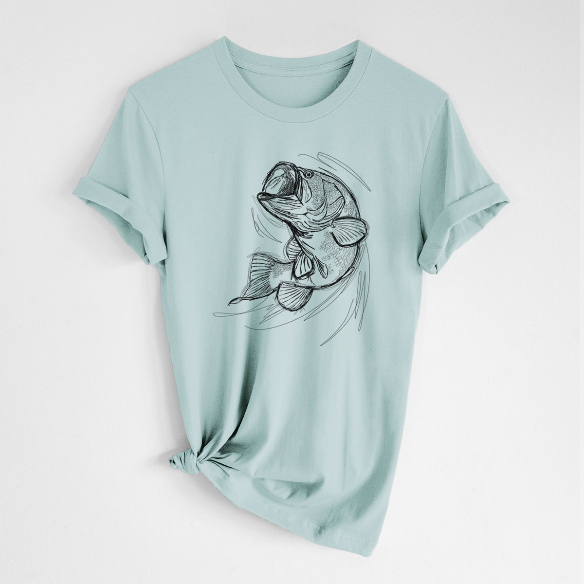 Dusty blue lightweight cotton t-shirt laid flat with the sleeves rolled, printed with a detailed black ink illustration of a largemouth bass leaping with its mouth open.