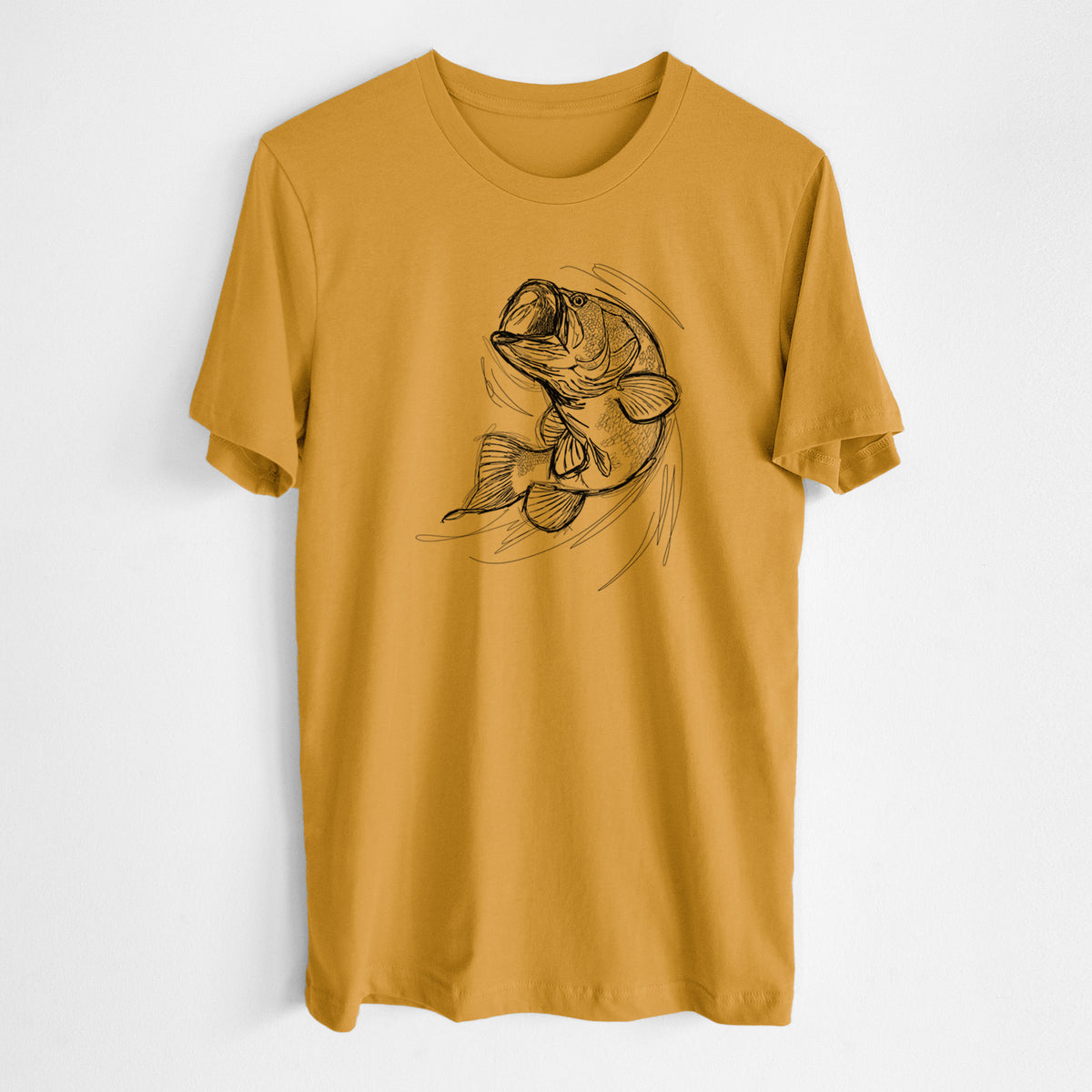 Honeycomb yellow lightweight cotton t-shirt laid flat, printed with a detailed black ink illustration of a largemouth bass leaping with its mouth open.