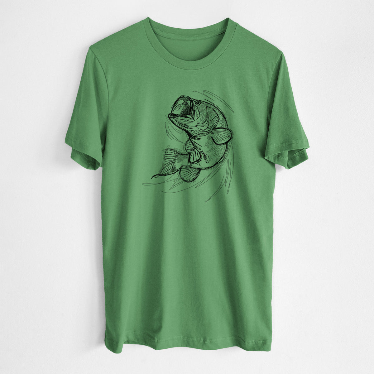 Leaf green lightweight cotton t-shirt laid flat, printed with a detailed black ink illustration of a largemouth bass leaping with its mouth open.