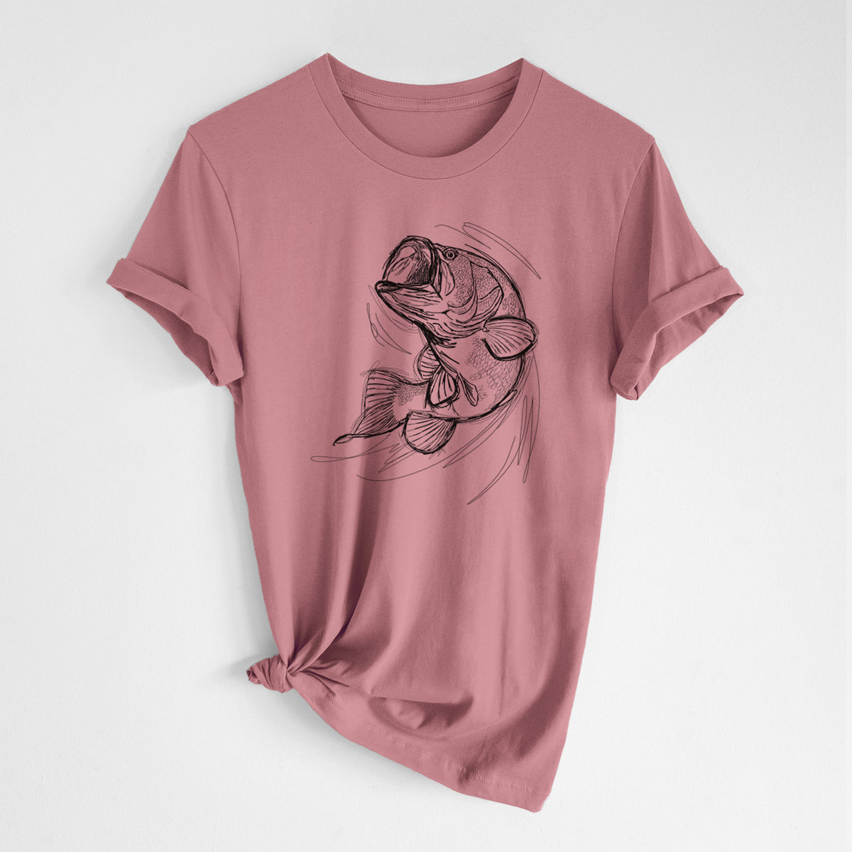 Mauve pink lightweight cotton t-shirt laid flat with the sleeves rolled, printed with a detailed black ink illustration of a largemouth bass leaping with its mouth open.