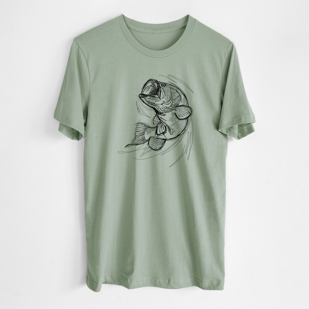 Sage green lightweight cotton t-shirt laid flat, printed with a detailed black ink illustration of a largemouth bass leaping with its mouth open.