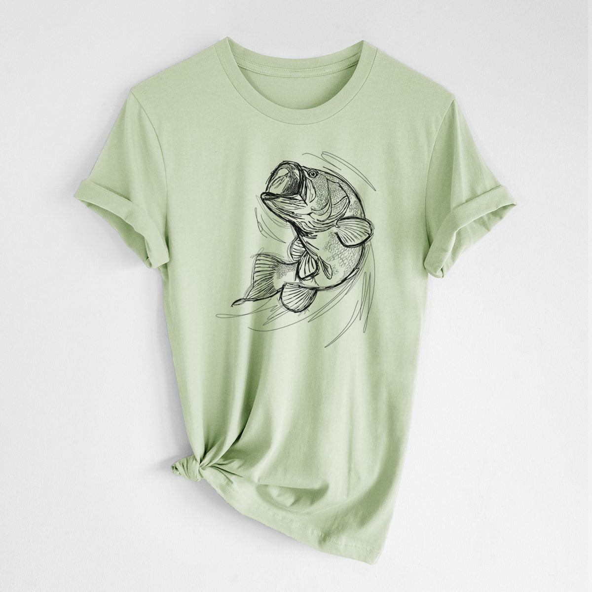 Spring green lightweight cotton t-shirt laid flat with the sleeves rolled, printed with a detailed black ink illustration of a largemouth bass leaping with its mouth open.