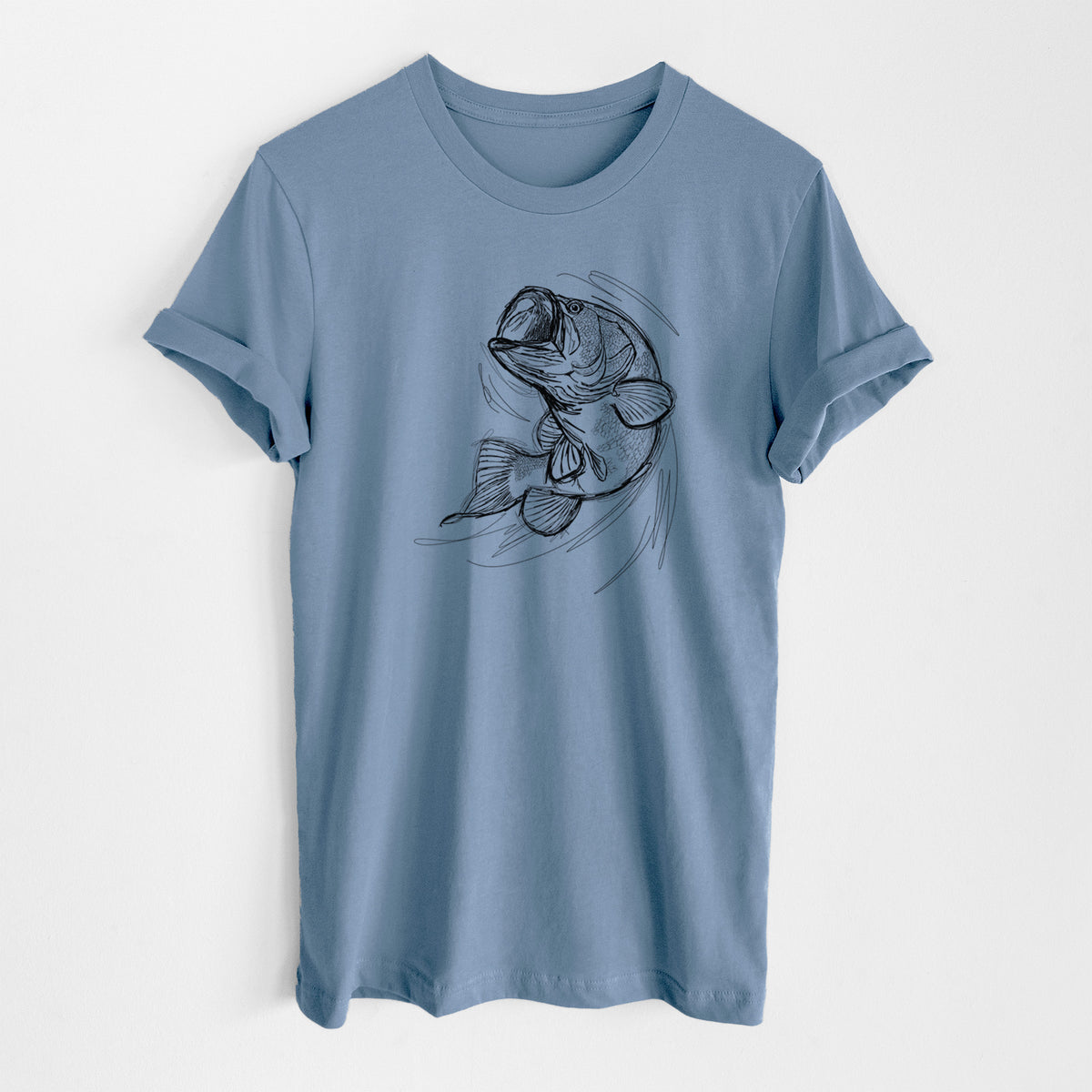 Steel blue lightweight cotton t-shirt laid flat, printed with a detailed black ink illustration of a largemouth bass leaping with its mouth open.